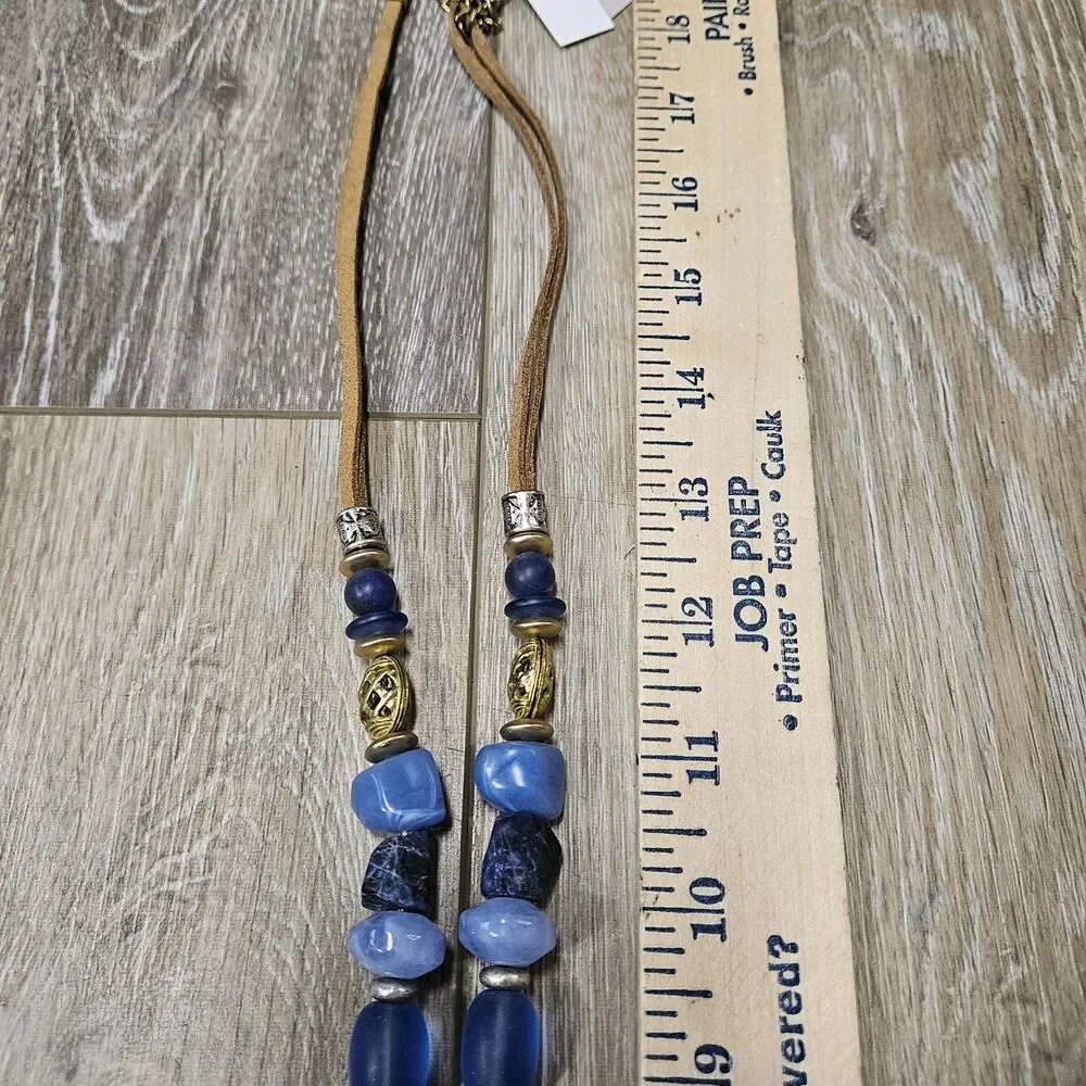 Chicos Long Statement Necklace Janet Blue Longhorn Pendant Beaded Leather Tassle